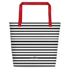 Black Striped Tote Bag, Horizontal Stripe 16"x20" Large Beach Tote Bag- Made in USA/EU