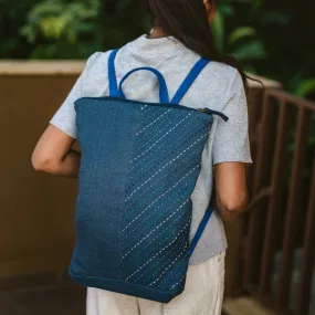 Blue Jute & Cotton Backpack with Kantha Hand Embroidery