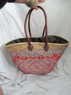 Embroidered Woven Basket Bucket TOTE Bag NATURAL Shopper Market Summer Purse