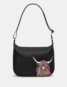 Highland Cow Black Leather Hobo Bag