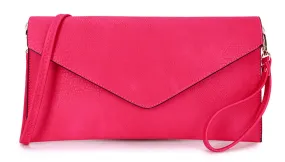 LARGE FUSCHIA PINK OVERSIZED ENVELOPE CLUTCH BAG WITH WRISTLET AND LONG CROSSBODY SHOULDER STRAP