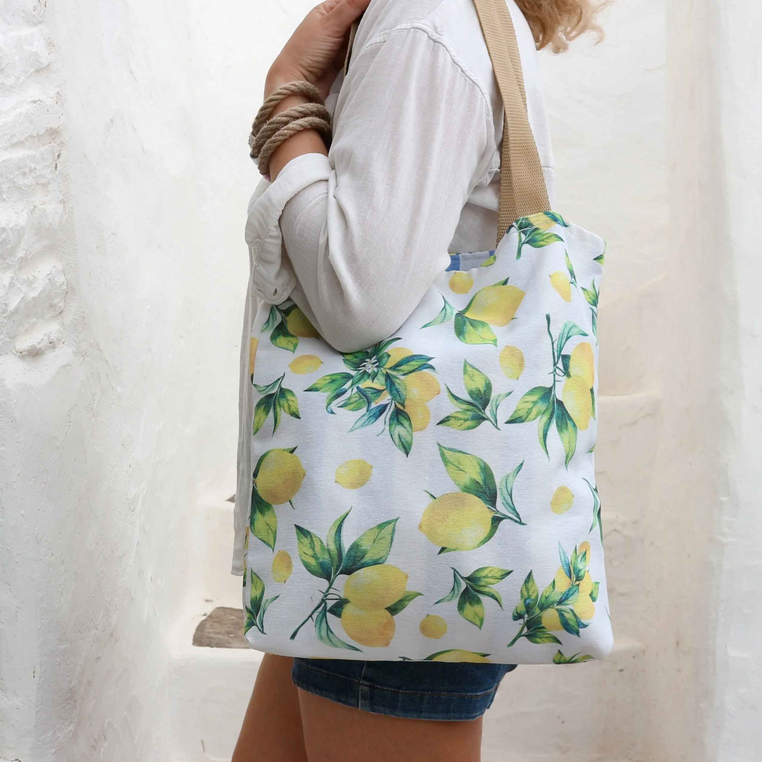 Lemon Print Canvas Shopping Tote Bag