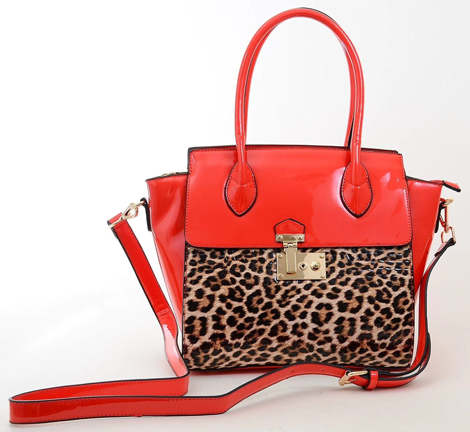 Leopard Patent Leather Red or Blue Satchel Handbag Purse