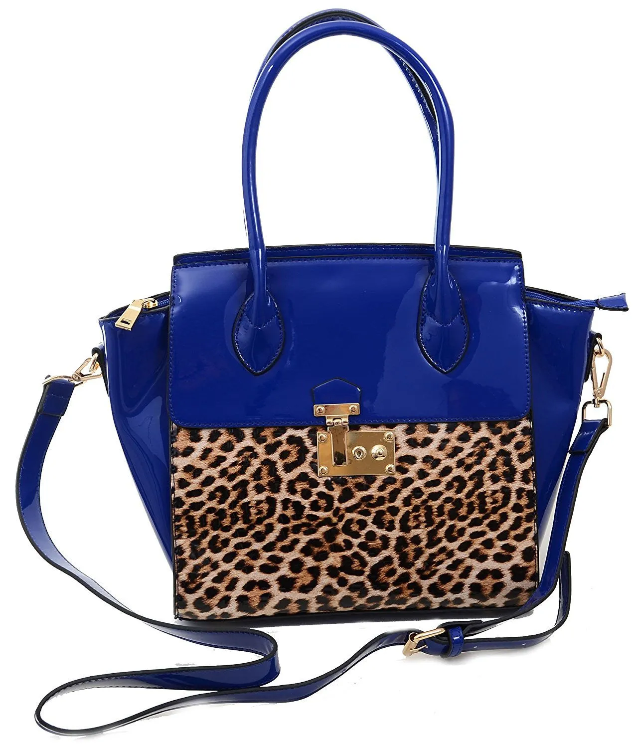 Leopard Patent Leather Red or Blue Satchel Handbag Purse