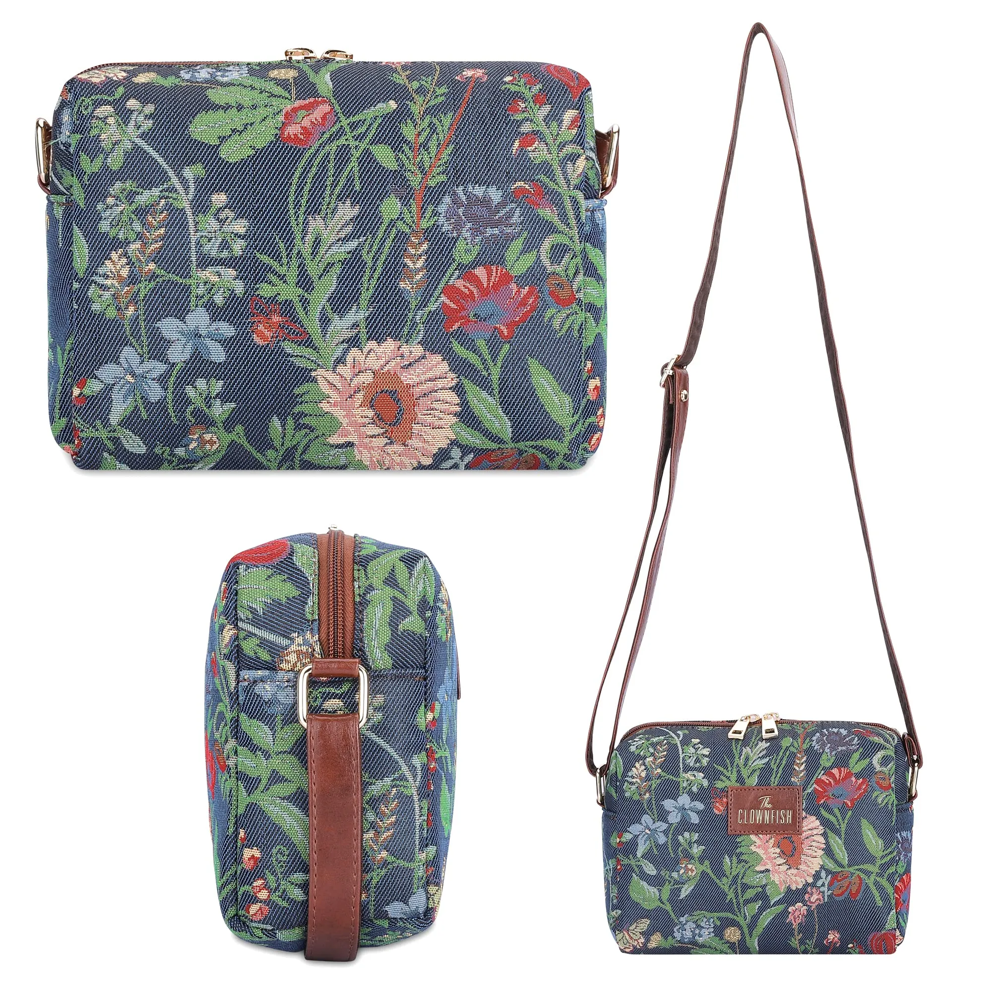 THE CLOWNFISH Combo Of Adelina Sling for Women Crossbody Bag for Ladies College Girls & Justina Tapestry Fabric & Faux Leather Handbag for Women (Navy Blue-Floral)