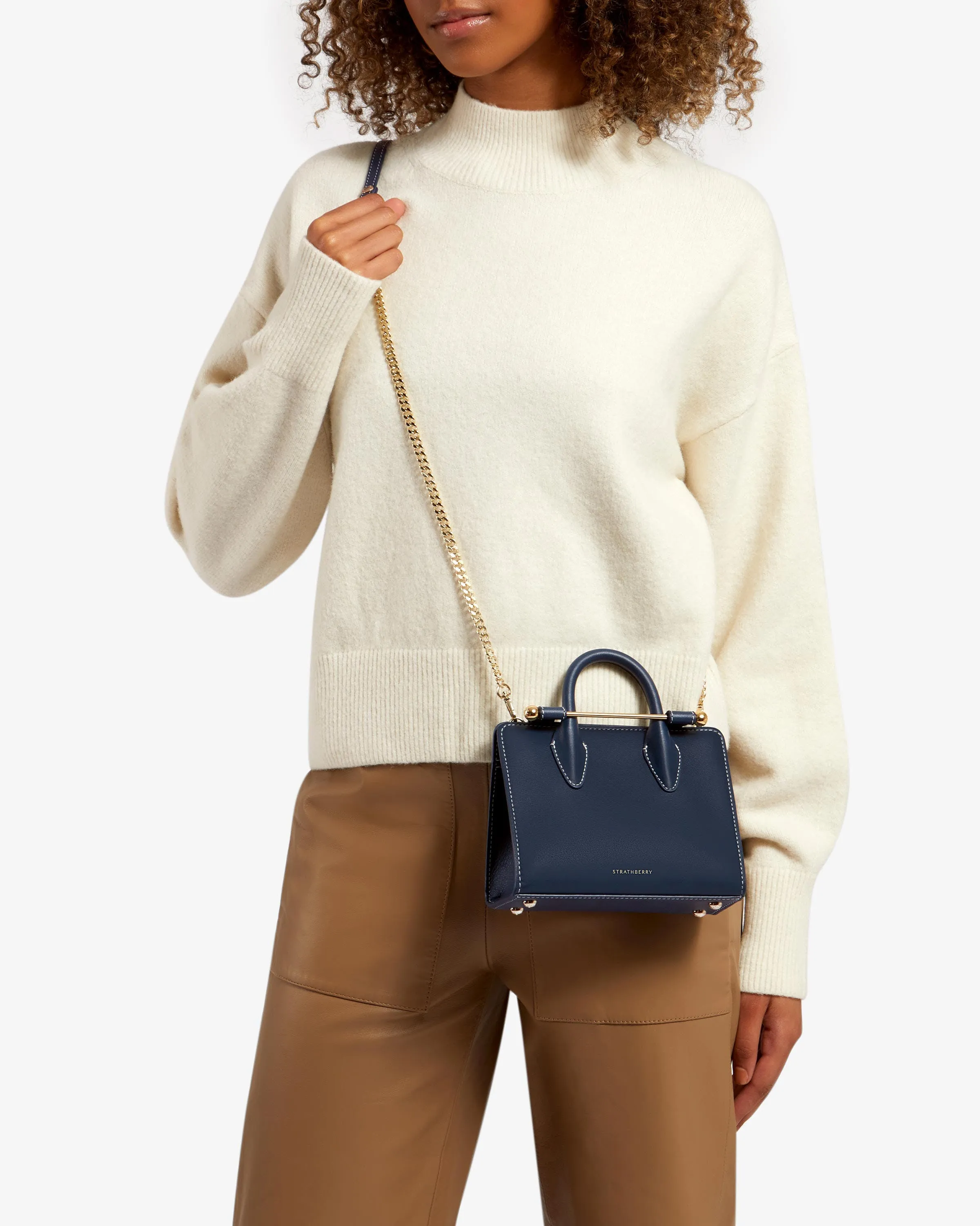 The Strathberry Nano Tote - Navy with Vanilla Stitch