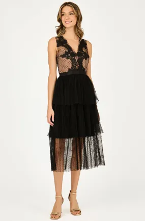 V-neck Tulle Dress with Tiered Ruffle Skirt